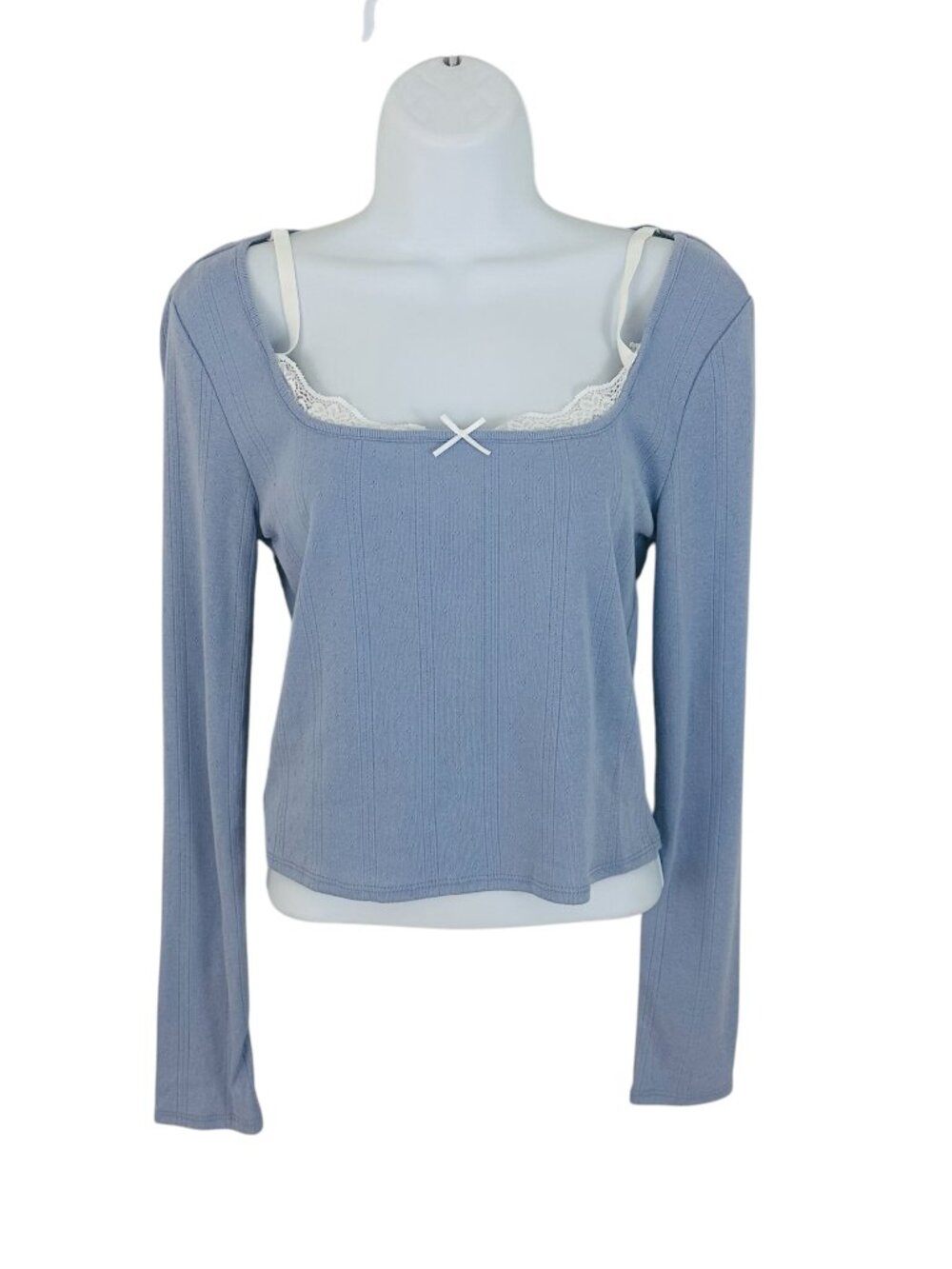 Sugar Moon Junior's Size L Pointelle Knit Lace Trim Periwinkle White Top NWOT